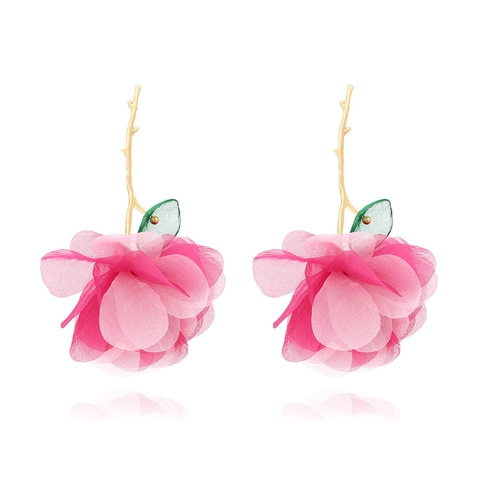 Boucles D'oreilles Pendantes Fleurs Stéréo Chiffon Tissu Maille Longues Crochet Branche Dorée Style Bohème Pour Femmes