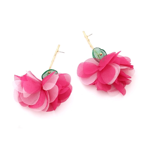 Boucles D'oreilles Pendantes Fleurs Stéréo Chiffon Tissu Maille Longues Crochet Branche Dorée Style Bohème Pour Femmes