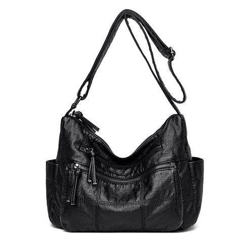 Bolso de Hombro de Cuero PU Suave Vintage para Mujer Multi-Bolsillo Gran Capacidad Bolso Bandolera para Viaje Diario Casual Color Sólido