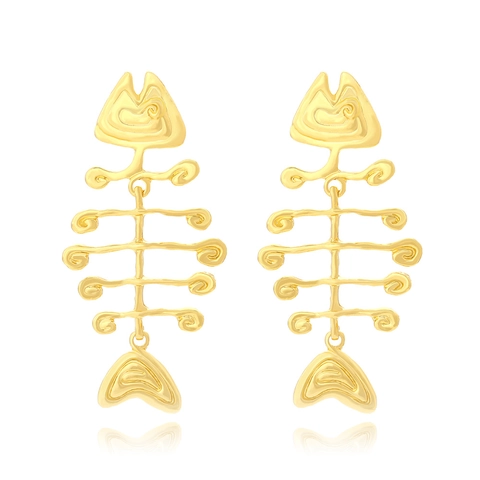 Fishbone Drop Earrings For Women Gold Tone Alloy Metal Long Statement Dangle Jewelry Retro Ocean Style