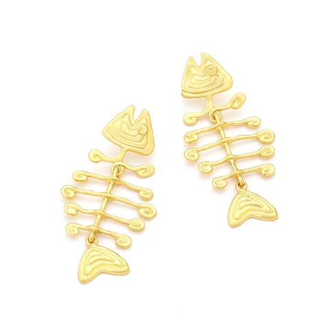 Fishbone Drop Earrings For Women Gold Tone Alloy Metal Long Statement Dangle Jewelry Retro Ocean Style