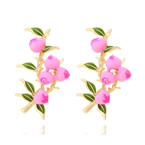Peach Branch Stud Earrings Zinc Alloy Enamel Fruit Pink Peach Green Leaf Fashion Cute Pastoral Jewelry Women