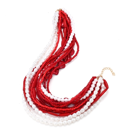 Collana Statement Multistrato Da Donna Künstliche Perle Sintetiche Resina Fatta A Mano Rosso Bianco Contrasto Gioielli Bohémien