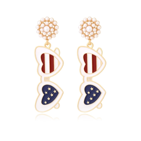 Heart Sunglasses Drop Earrings Alloy Enamel American Flag Patriotic Theme Imitation Artificial Pearl Fashion Jewelry For Women