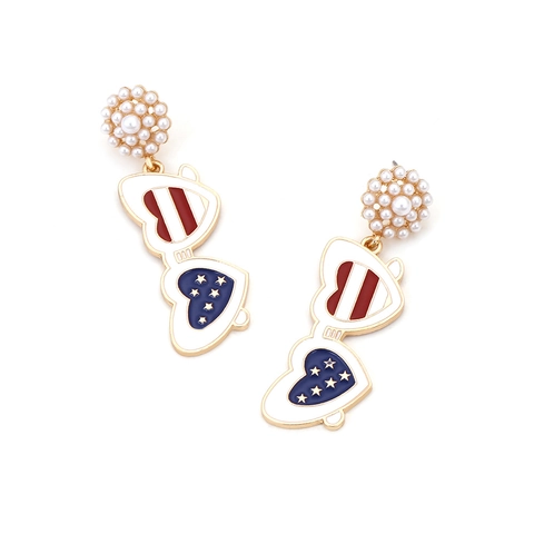 Heart Sunglasses Drop Earrings Alloy Enamel American Flag Patriotic Theme Imitation Artificial Pearl Fashion Jewelry For Women
