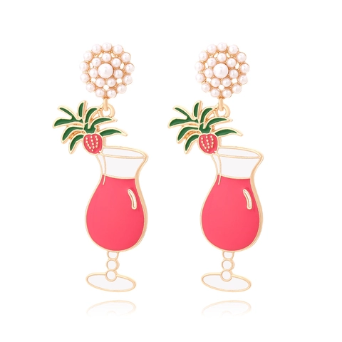 Orecchini Pendenti Bicchiere Cocktail Lega Smalto Perla Artificial Sintetica Frutta Estiva Tropicale Fragola Foglia Palma