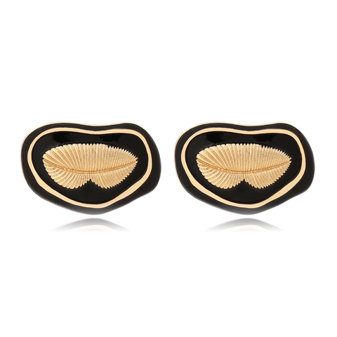 Vintage Legering Oorknopjes Met Zwart Emaille En Gouden Verenpatroon Onregelmatig Ovaal Elegante Sieraden Voor Dames
