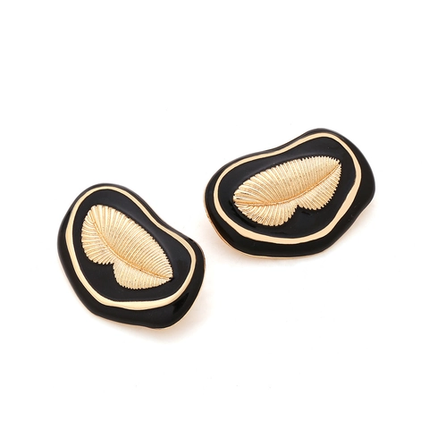 Vintage Legering Oorknopjes Met Zwart Emaille En Gouden Verenpatroon Onregelmatig Ovaal Elegante Sieraden Voor Dames