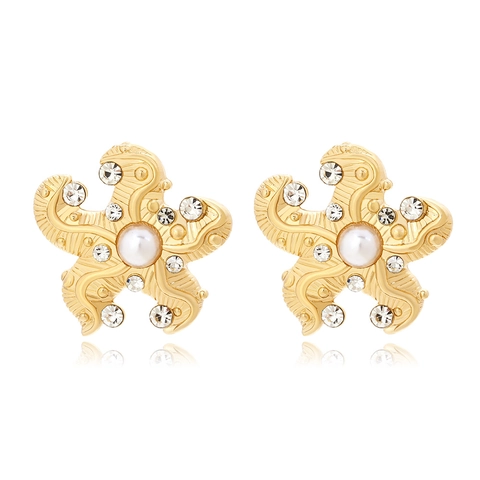 Starfish Drop Earrings Gold Alloy Faux Artificial Pearl Rhinestone Beach Vacation Ocean Animal Dangle Earring For Women