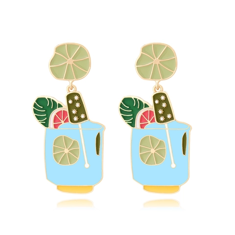 Orecchini Pendenti Bicchiere Cocktail Tropicale Lega Zinco Smalto Limone Frutta Perla Artificial Sintetica Vacanze Mare Estate