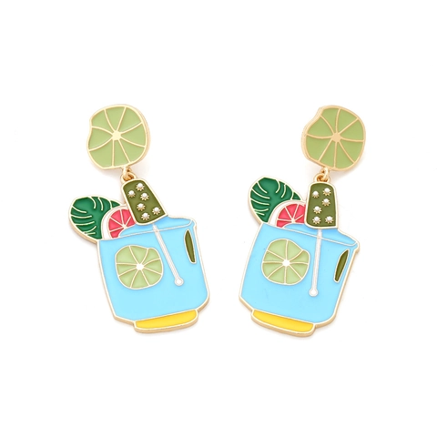 Orecchini Pendenti Bicchiere Cocktail Tropicale Lega Zinco Smalto Limone Frutta Perla Artificial Sintetica Vacanze Mare Estate