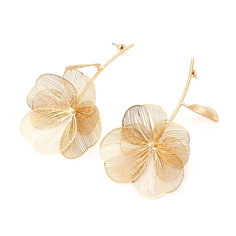 Floral Hollow Mesh Drop Earrings Large Metal Leaf Dangle Jewelry Elegant Resort Style Accessory For Women