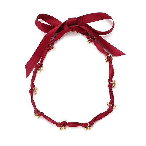 Collana A Doppio Strato Con Perle In Resina Verde Oliva E Fiocco In Nastro Di Raso Rosso Campanelli Dorati Vintage