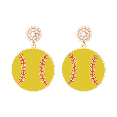 Softball Drop Earrings Alloy Enamel Yellow Round Pendant With Imitation Artificial Pearl Cluster Women Sports Fashion Jewelry