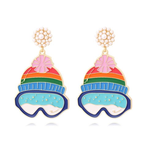 Skihelm-Ohrhänger Mit Emaille-Brille Regenbogenstreifen Kunstperlen Edelstahl-Ohrstecker Für Damen Neuheit
