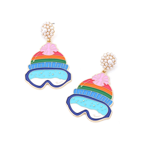 Skihelm-Ohrhänger Mit Emaille-Brille Regenbogenstreifen Kunstperlen Edelstahl-Ohrstecker Für Damen Neuheit