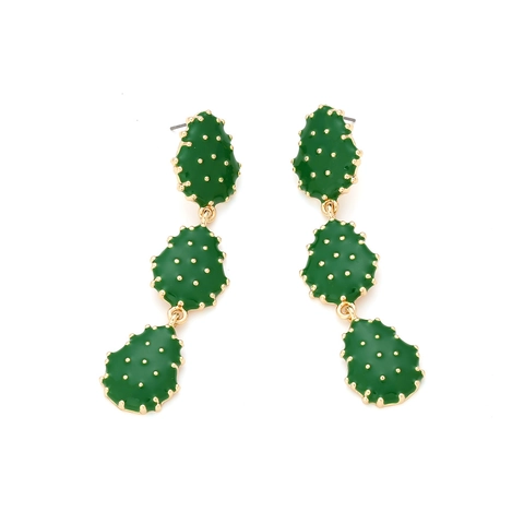 Alloy Enamel Cactus Dangle Earrings Fashion Three-Segment Plant Floral Boho Vacation Jewelry For Women
