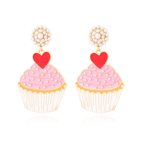 Pendientes Colgantes De Cupcake Aleación Esmalte Dulce Corazón Decoración Perla Artificial De Imitación Joyería Para Mujer