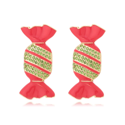 Pendientes De Caramelo De Aleación Con Esmalte Rojo Y Cristales Verdes Color De Contraste Estilo Barroco Dulce Joyas Para Mujer
