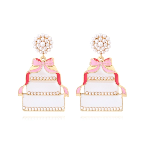 Sweet Wedding Cake Drop Earrings Zinc Alloy Enamel With Imitation Artificial Pearl And Pink Bow Novelty Jewelry For Women