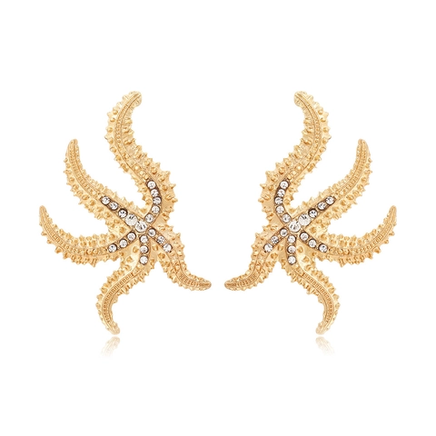 Overdreven Gouden Legering Zeester Oorbellen Met Steentjes En Roestvrijstalen Oorknopje Voor Dames Resort Stijl