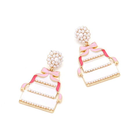 Sweet Wedding Cake Drop Earrings Zinc Alloy Enamel With Imitation Artificial Pearl And Pink Bow Novelty Jewelry For Women