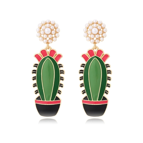 Cactus Potted Plant Dangle Earrings Alloy Imitation Artificial Pearl Enamel Floral Long Drop Nature Style Jewelry For Women