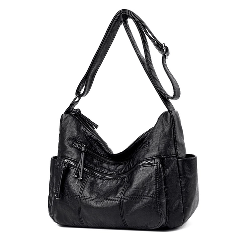 Bolso de Hombro de Cuero PU Suave Vintage para Mujer Multi-Bolsillo Gran Capacidad Bolso Bandolera para Viaje Diario Casual Color Sólido