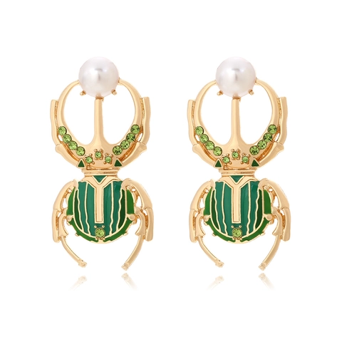 Vintage Green Enamel Beetle Scarab Drop Earrings With Gold Alloy Rhinestones And White Faux Artificial Pearls For Women Fashion