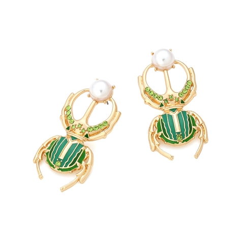 Vintage Green Enamel Beetle Scarab Drop Earrings With Gold Alloy Rhinestones And White Faux Artificial Pearls For Women Fashion