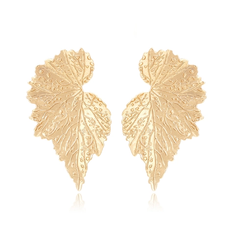 Vintage Golden Leaf Drop Earrings Realistic Vein Texture Zinc Alloy Bohemian Style Statement Jewelry For Women