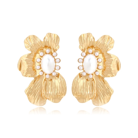 Luxury Gold Flower Drop Earrings With Faux Artificial Pearl Alloy Hammered Texture Baroque Floral Earrings For Wedding Party Women Jewelry