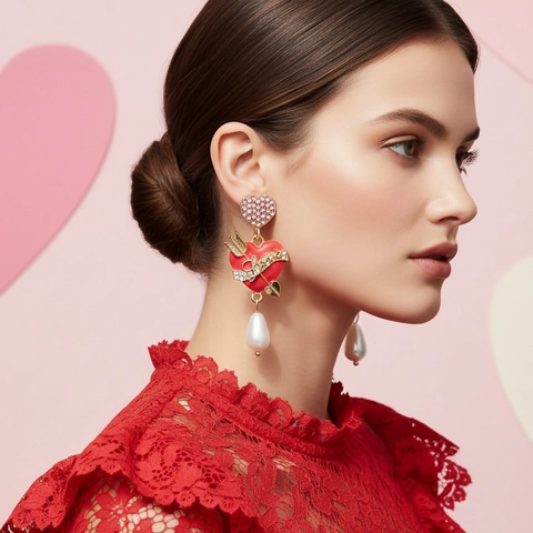 Orecchini A Cuore Lega Smalto Rosso Freccia Di Cupido Strass Rosa Perla Artificial D'Imitazione Gioielli Dolci Per Donne