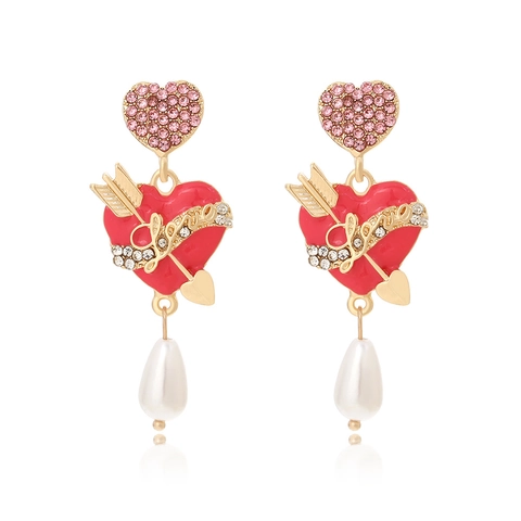 Orecchini A Cuore Lega Smalto Rosso Freccia Di Cupido Strass Rosa Perla Artificial D'Imitazione Gioielli Dolci Per Donne