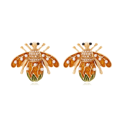 Vintage Bee Shape Stud Earrings Alloy Enamel Faux Artificial Pearl Insect Jewelry Gift For Women