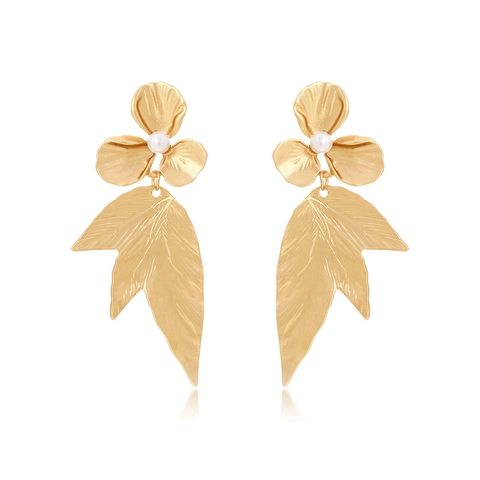Orecchini A Goccia Fiore E Foglia Oro Opaco Vintage Con Perla Artificial Sintetica Lega Strutturata Gioielli Esagerati Donne