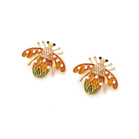 Vintage Bee Shape Stud Earrings Alloy Enamel Faux Artificial Pearl Insect Jewelry Gift For Women