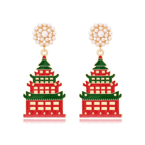 Orecchini Pendenti A Pagoda Lega Di Zinco Smalto Imitazione Perla Artificial Stile Cinese Vintage Orientale Etnico Per Donne