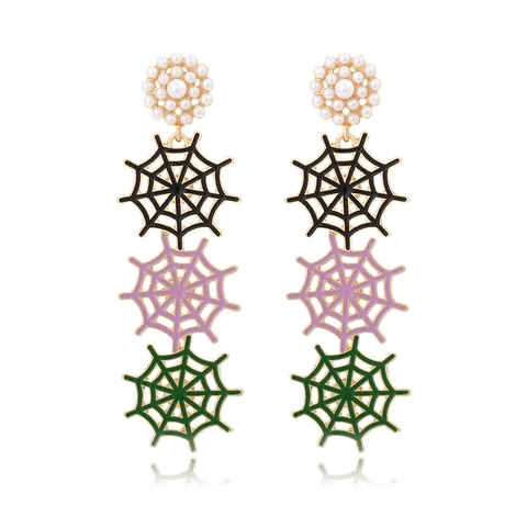 Halloween Spider Web Long Drop Earrings Alloy With Faux Artificial Pearl Colorful Enamel Gothic Party Jewelry For Women