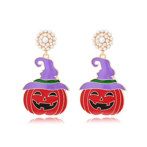 Halloween Pumpkin Witch Hat Drop Earrings For Women Zinc Alloy Enamel Faux Pearl Jack-O-Lantern Smiley Face Dangle Earrings
