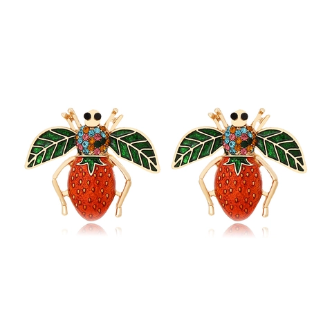 Bee Strawberry Stud Earrings Alloy Enamel Multicolored Rhinestones Cute Cartoon Insect Jewelry For Women Girls Novelty