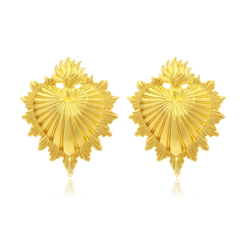 Sacred Heart Flame Heart Stud Earrings Zinc Alloy Gold Plated Sunburst Textured Retro Vintage Punk Jewelry For Women