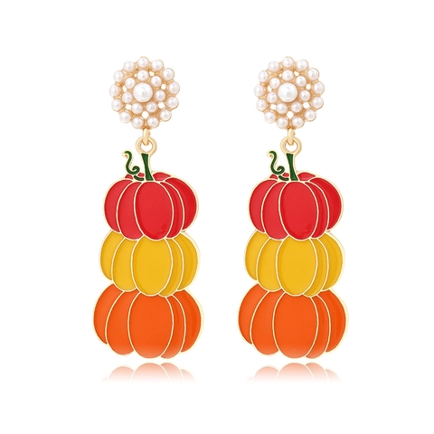 Stacked Pumpkin Drop Earrings Alloy Enamel Imitation Artificial Pearl Halloween Gradient Color Retro Gothic Festive Jewelry Women