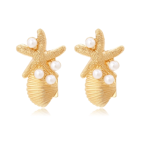 Starfish And Seashell Drop Earrings Gold Tone Alloy With Imitation Artificial Pearls Tropical Ocean Beach Vacation Style For Women