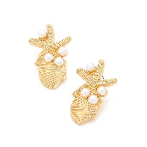 Starfish And Seashell Drop Earrings Gold Tone Alloy With Imitation Artificial Pearls Tropical Ocean Beach Vacation Style For Women