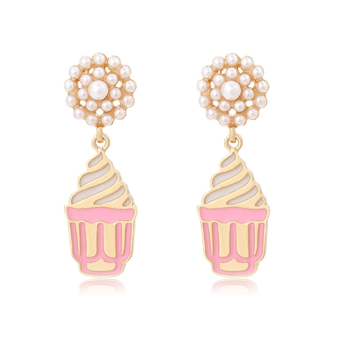 Orecchini A Pendente Cupcake Lega Smalto Perla Artificial Sintetica Fiore Gioielli Rosa Per Donne
