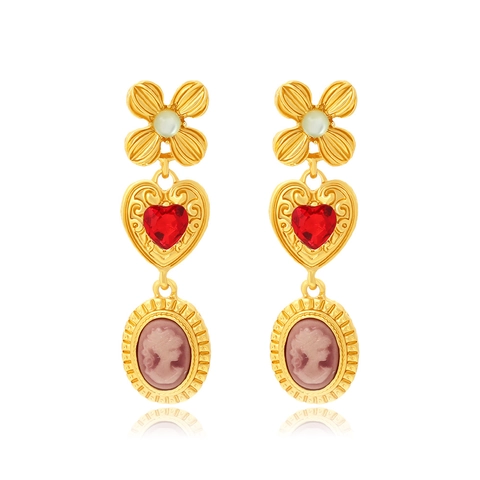 Vintage French Palace Dangle Earrings Alloy Red Heart Gemstone Pink Lady Cameo Relief Retro Jewelry For Women