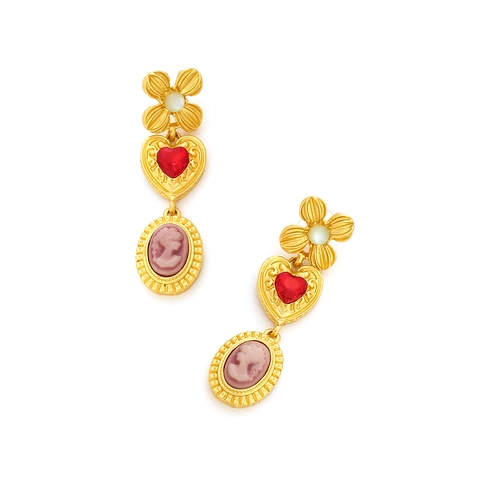 Vintage French Palace Dangle Earrings Alloy Red Heart Gemstone Pink Lady Cameo Relief Retro Jewelry For Women