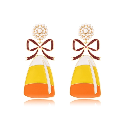 Pendientes Colgantes Halloween Candy Corn Con Flor De Perla Artificial Lazo Esmalte Degradado Aleación Joyas De Novedad Para Mujeres