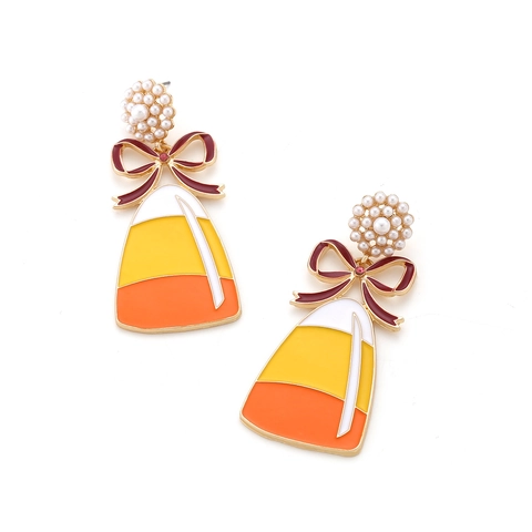 Pendientes Colgantes Halloween Candy Corn Con Flor De Perla Artificial Lazo Esmalte Degradado Aleación Joyas De Novedad Para Mujeres